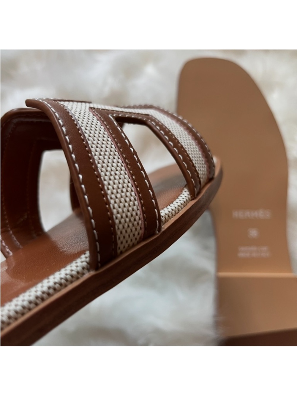 Hermes Brown Leather & Beige Canvas Oran Slide Sandals - Women's size 8 - Picture 2 of 5